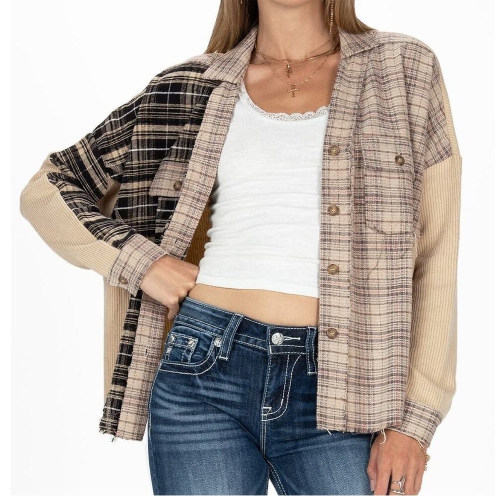 Miss Me Plaid Patchwork Button-Up Shacket Shirt J… - image 1